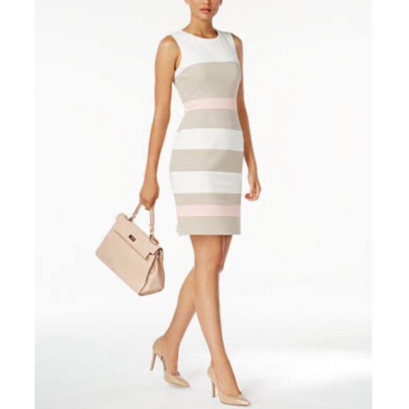 NWT TOMMY HILFIGER | Pink Beige Striped Scuba Sheath Dress 10 - Picture 1 of 11